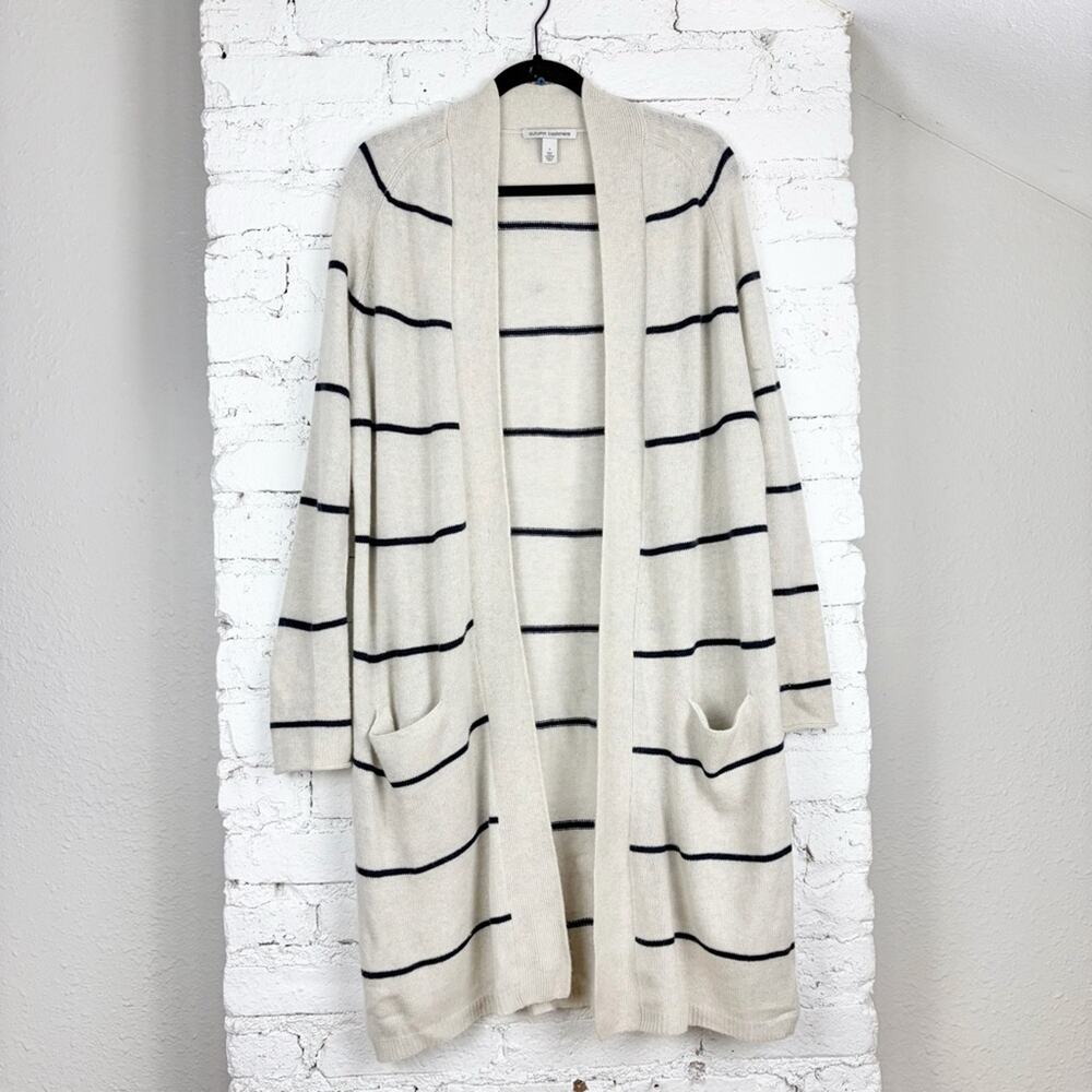Autumn Cashmere Pencil Stripe Fog Sorbet Cream Navy Long Duster Cardigan Small